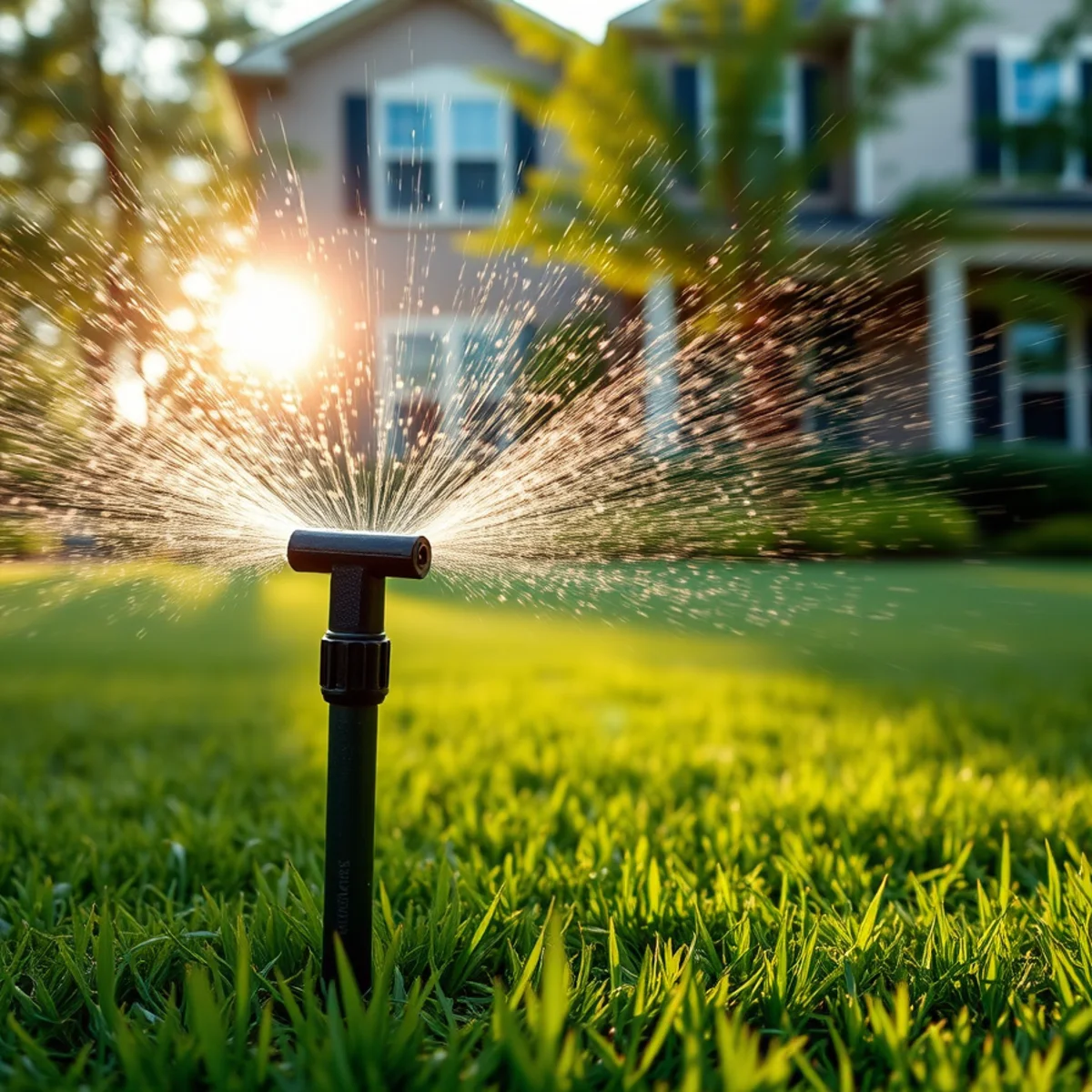 Sprinkler watering a green Atlanta lawn in early morning light