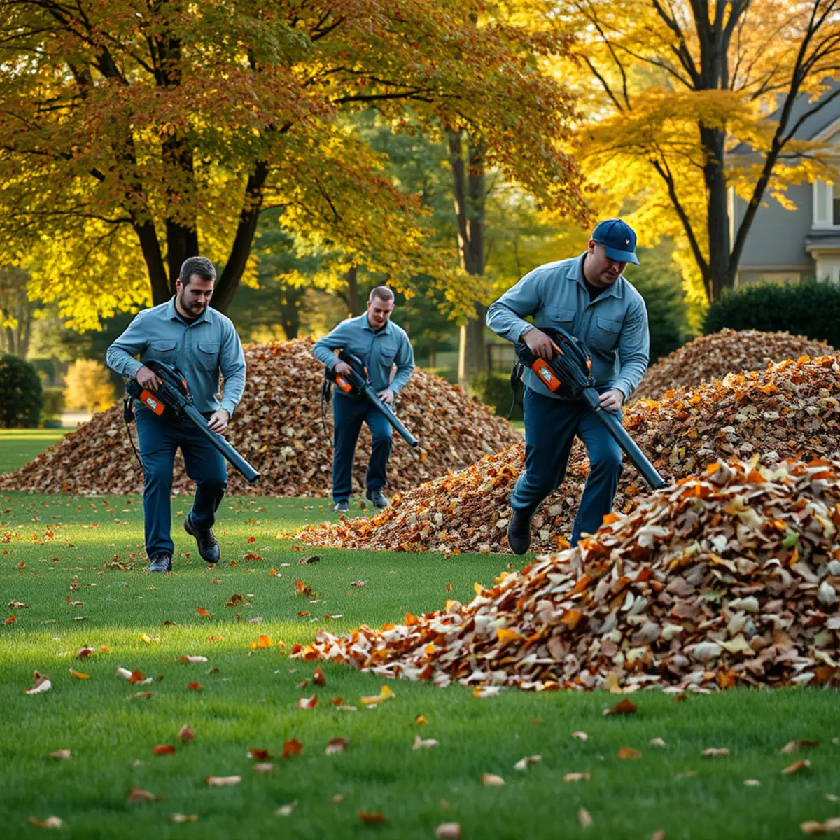 Fall leaf removal crew clearing leaves off an Atlanta lawn