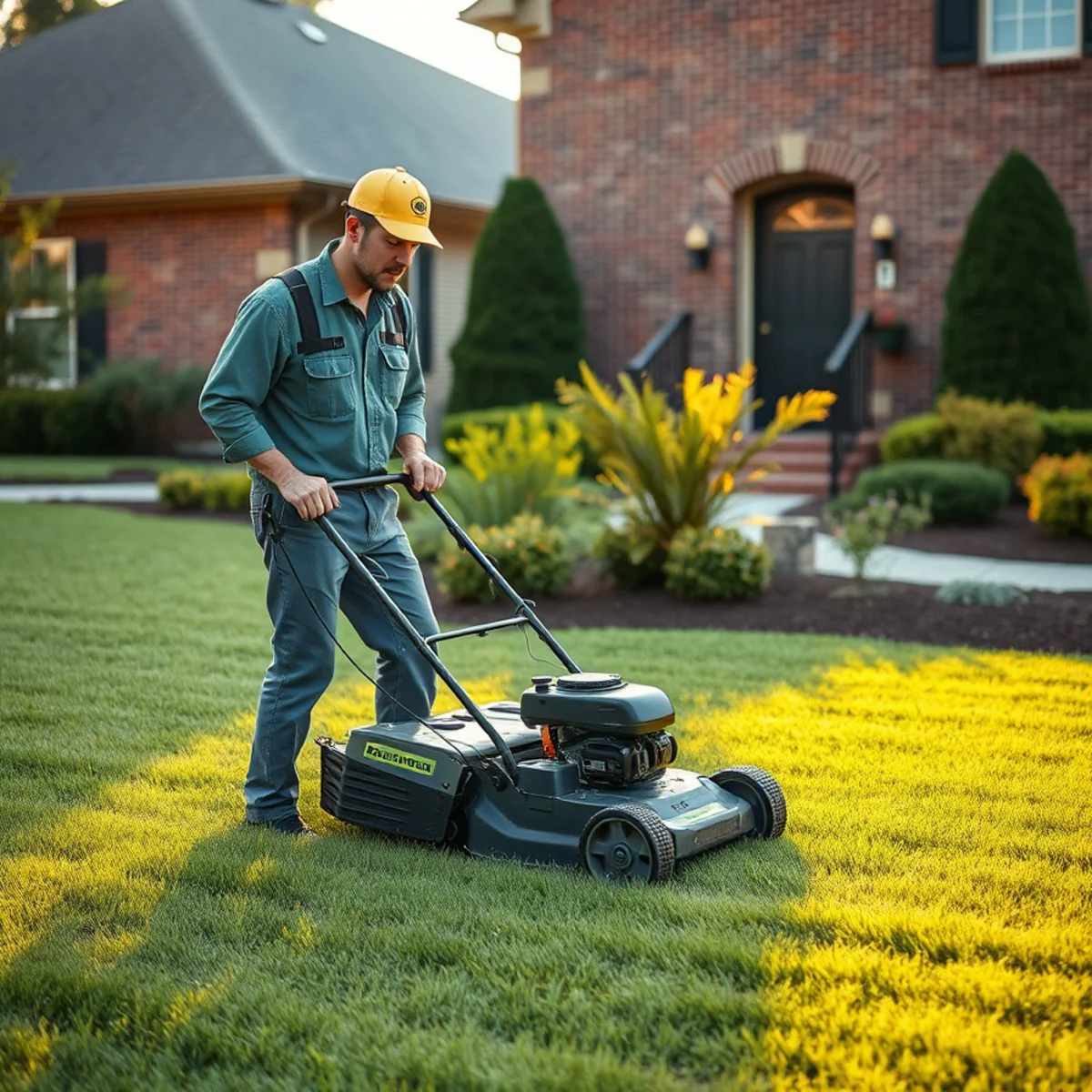 Atlanta lawn care professional mowing a healthy Bermuda lawn