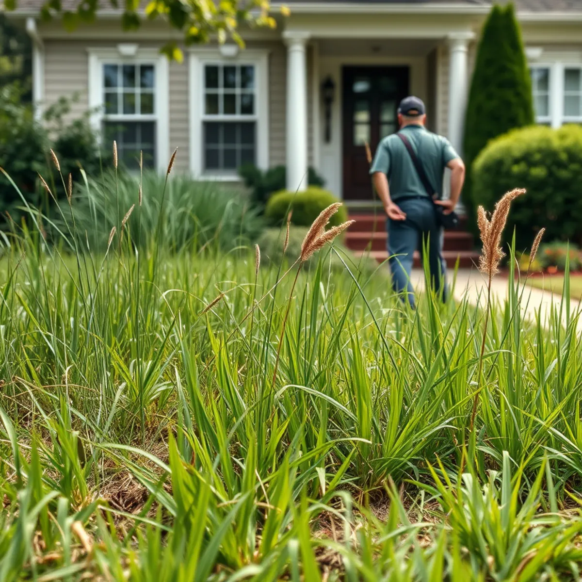Overgrown, neglected front yard in need of professional lawn care