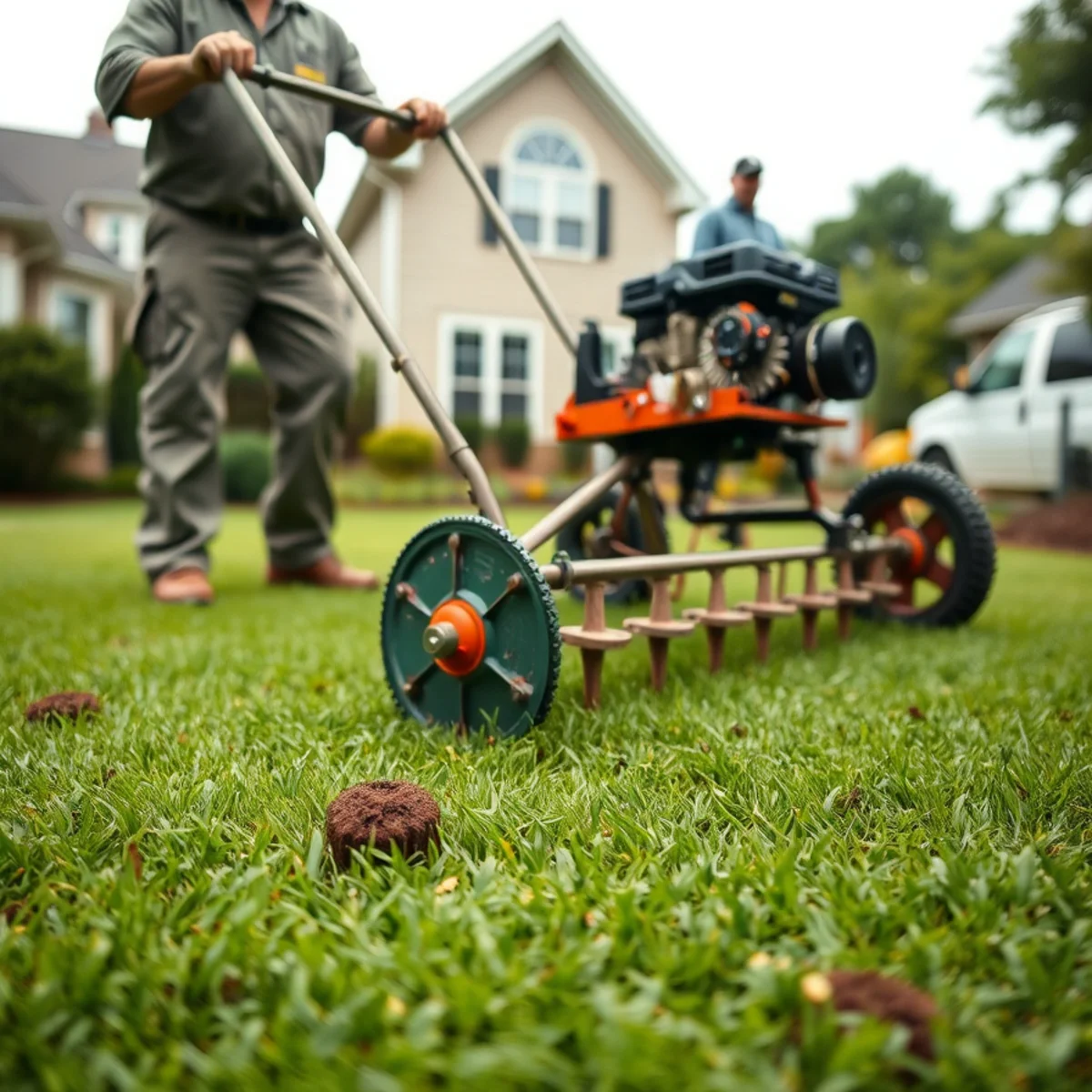 Core aerator pulling soil plugs from a Georgia lawn