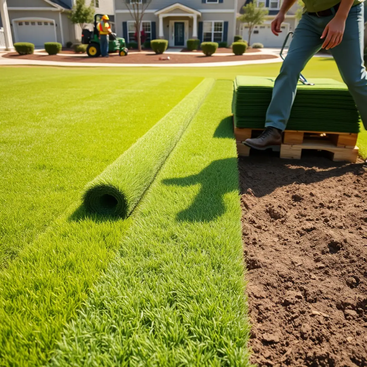 Fresh sod being installed over prepared soil in a Georgia yard