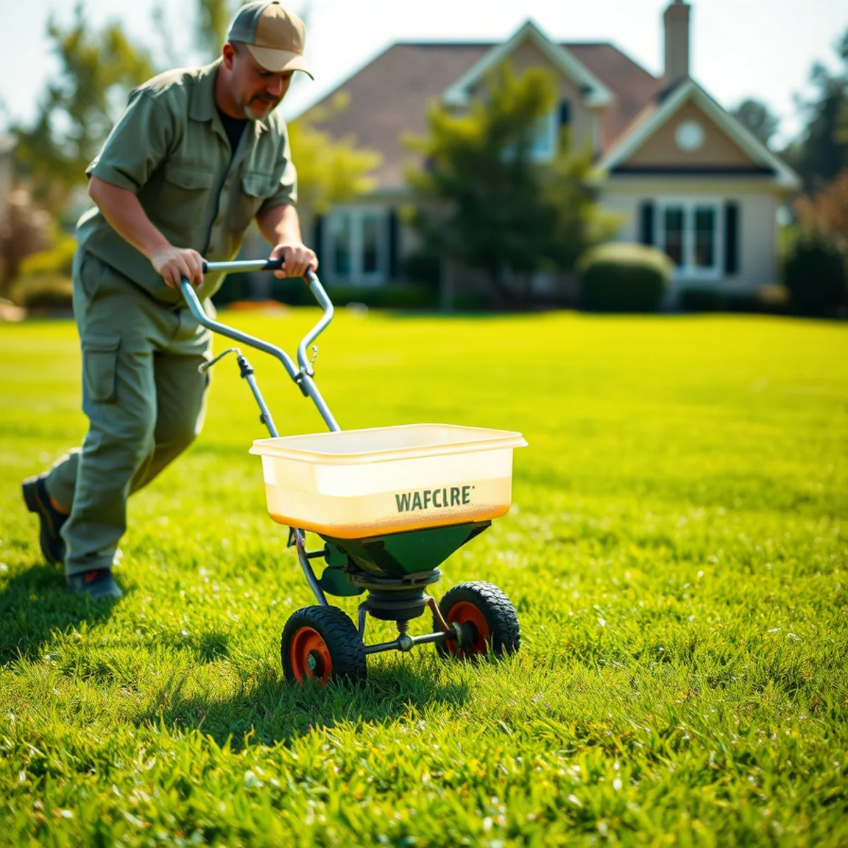 Lawn care technician applying fertilizer and weed control to a green Atlanta lawn