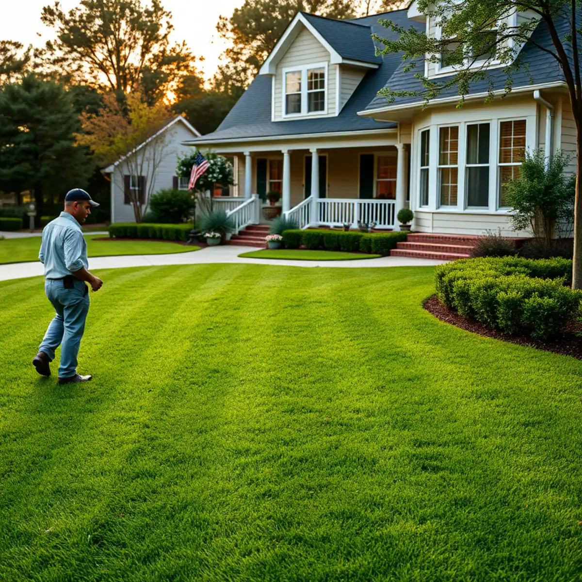 Healthy striped lawn in front of an Atlanta home