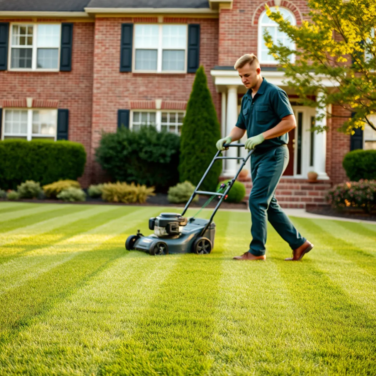 PinStripe crew member mowing a healthy Bermuda lawn in an Atlanta, GA yard