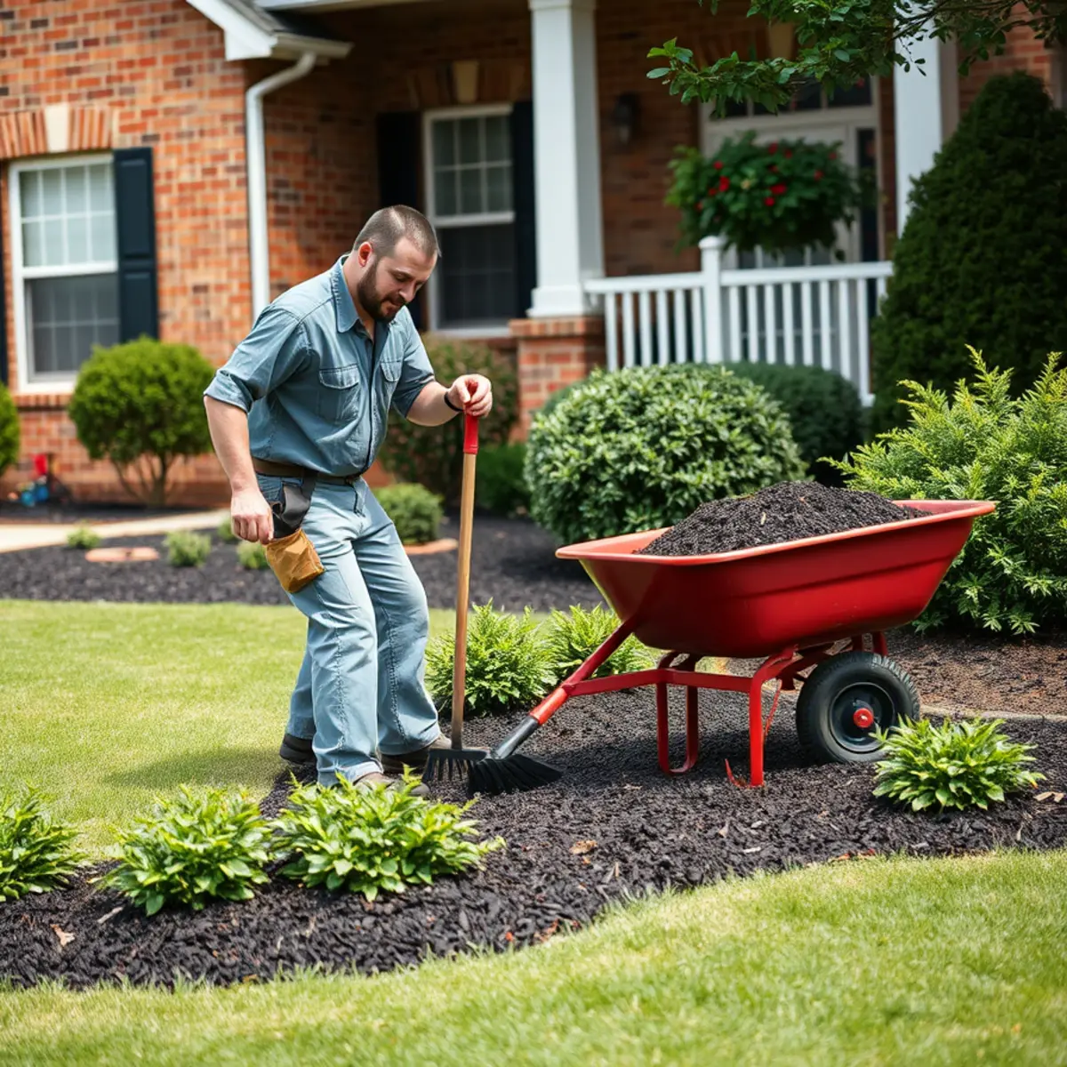 Freshly installed brown mulch around landscape beds at an Atlanta, GA home