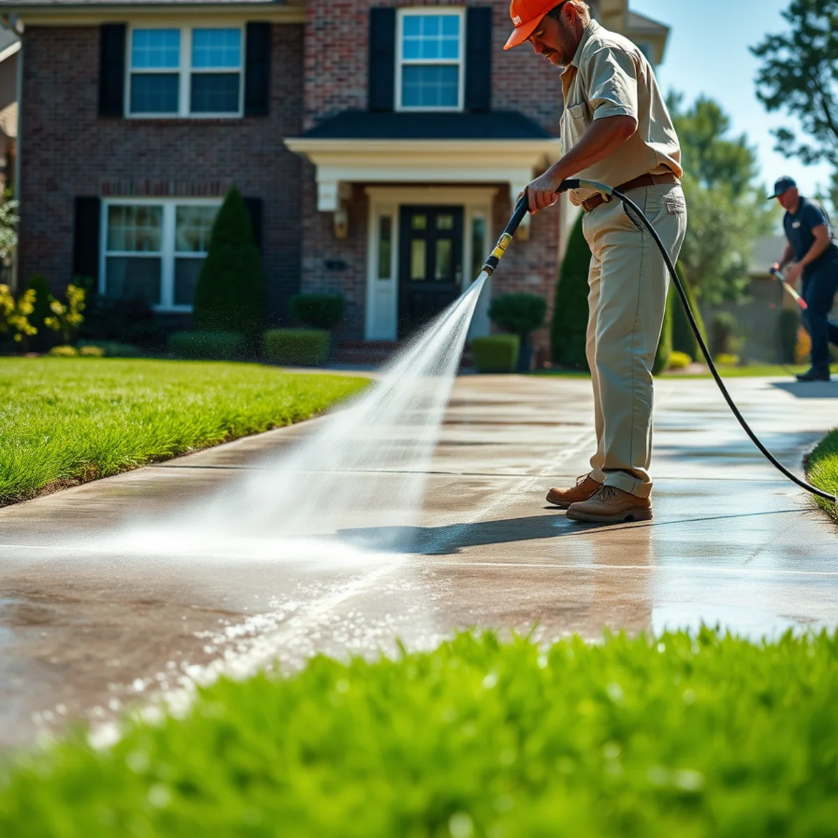 Pressure washing a concrete driveway clean at an Atlanta, GA home