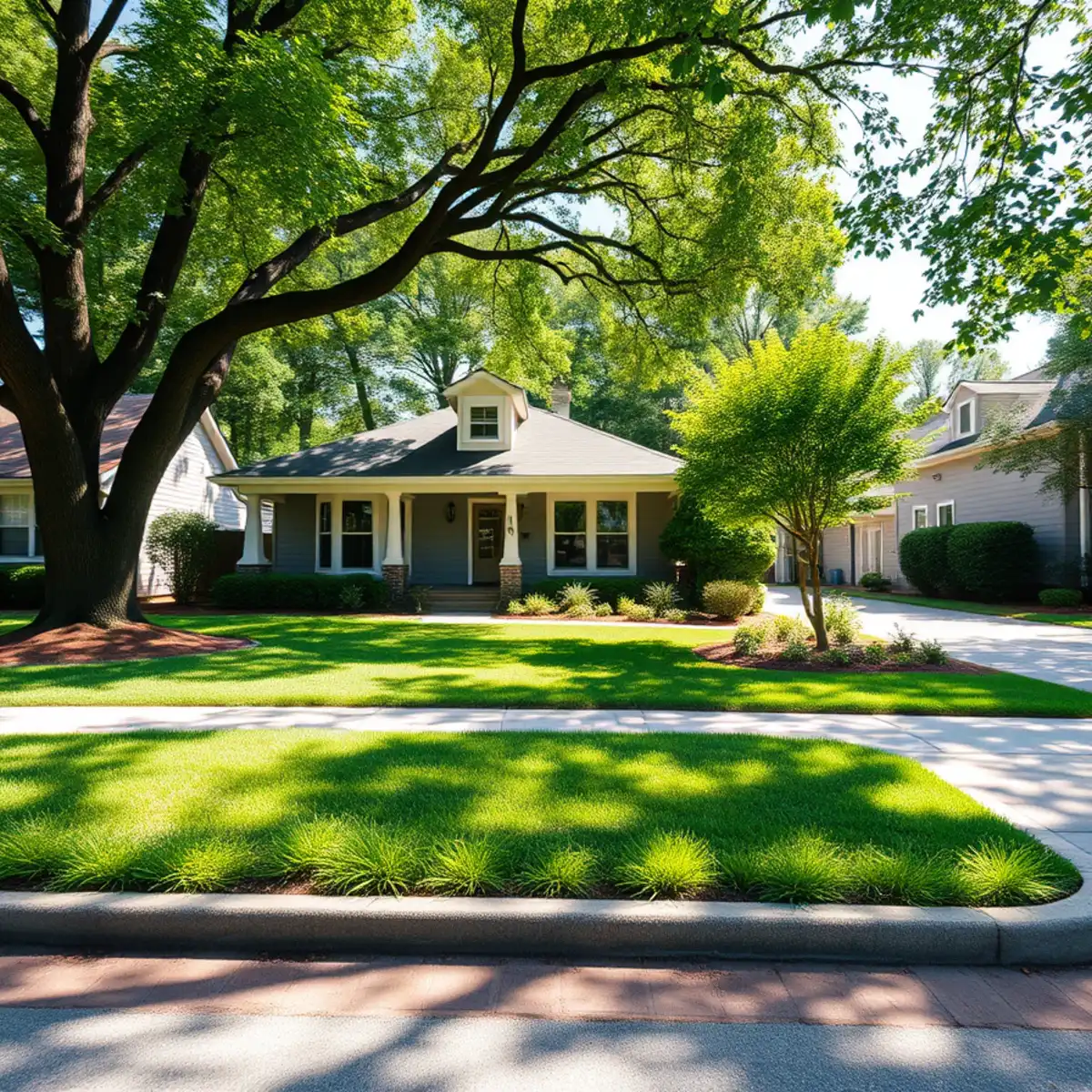 Bungalow with a green lawn on a tree-lined street in East Atlanta, GA