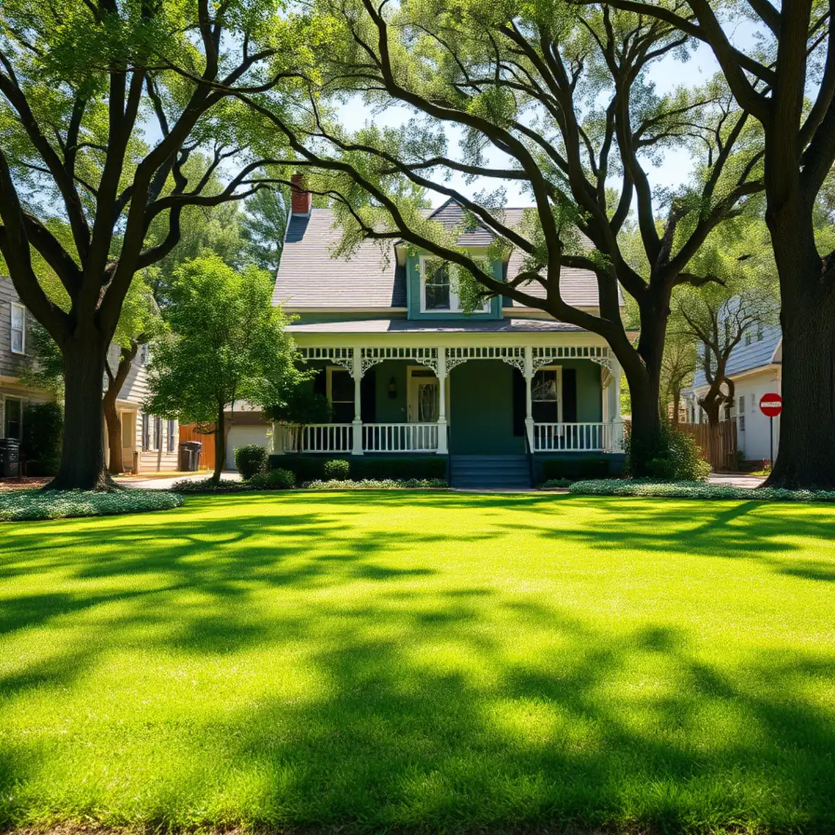 Historic bungalow with a green lawn on a tree-lined street in East Point, GA