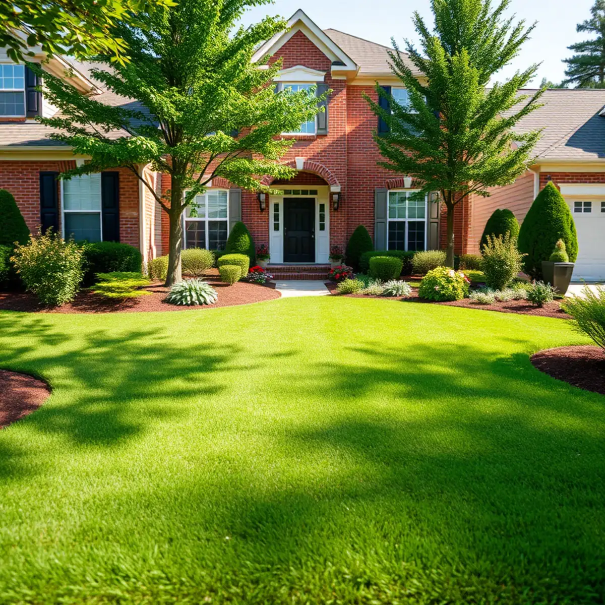 Established suburban lawn in front of a brick home in Marietta, GA