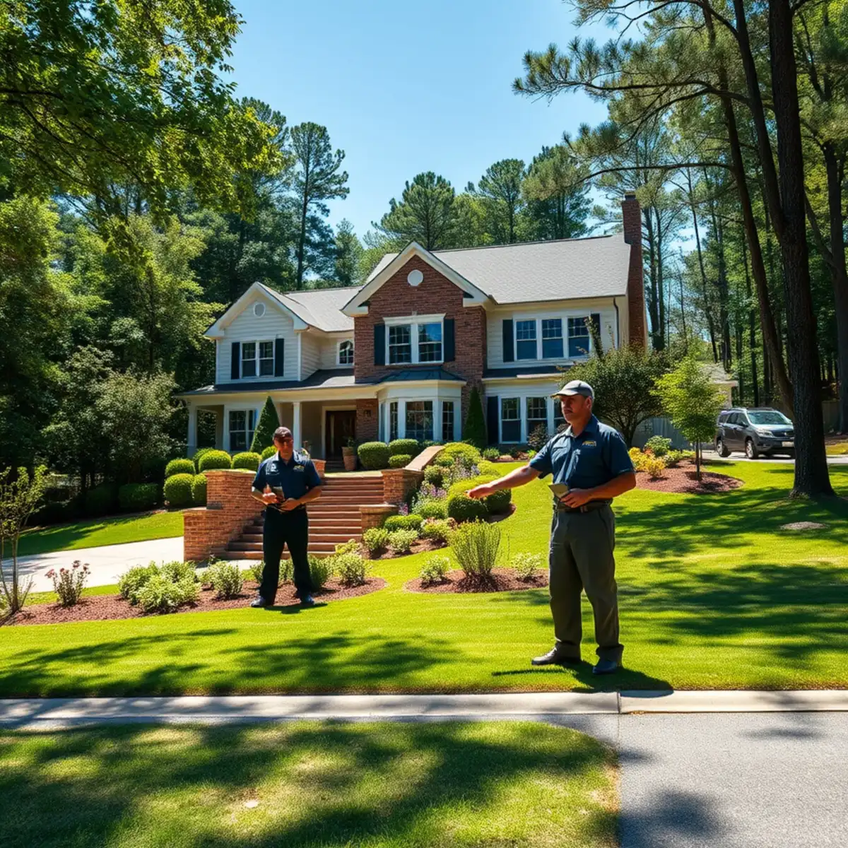 Upscale home with landscaping on a wooded hillside lot in Vinings, GA