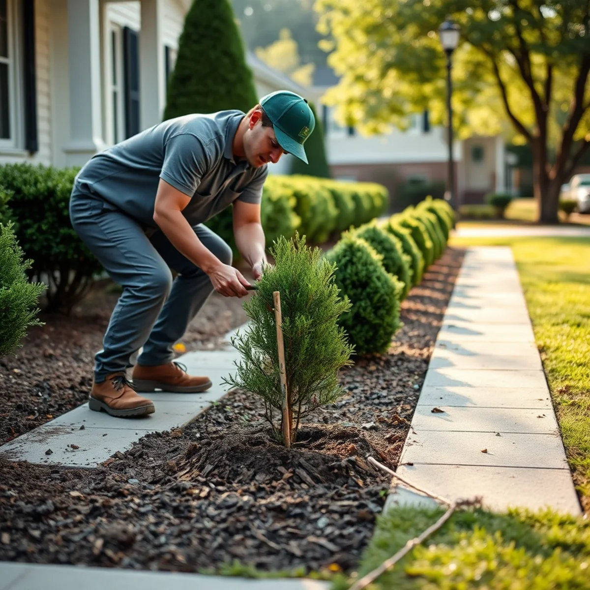 Newly planted shrubs along a walkway at an Atlanta, GA home